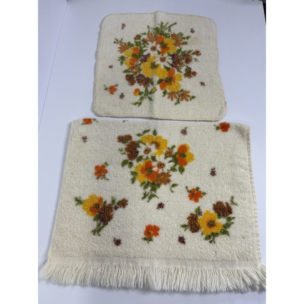 Vintage Cone Floral Hand Towel And Washcloth Cotton Made In USA Set Of 2